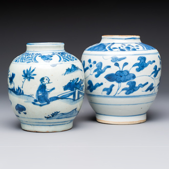 Two Chinese blue and white jars with figural and floral design, late Ming