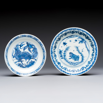 A Chinese blue and white 'Qilin' saucer dish and a 'Frog' saucer dish, Jiajing/Wanli