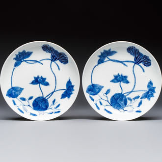 A pair of Chinese blue and white 'Bleu de Hue' plates with lotus design, Phi Khanh An Duong 慶恩堂費 mark, 19th C.