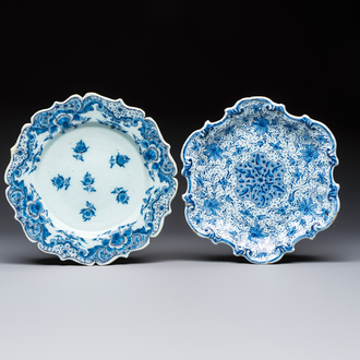 Two blue and white Dutch Delft lobed plates with floral design, 17/18th C.