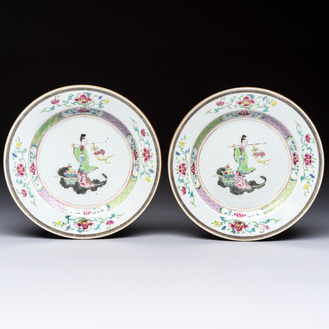 A pair of Chinese famille rose 'Magu' plates, Yongzheng/Qianlong