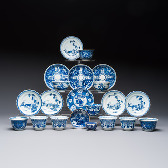 11 Chinese blue and white cups and 10 saucers, Kangxi and jade marks, 18/19th C.