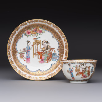A fine Chinese Canton famille rose gilt-decorated cup and saucer with figural design, Yongzheng/Qianlong