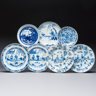 Seven Chinese blue and white plates with figural and floral design, 18/19th C.