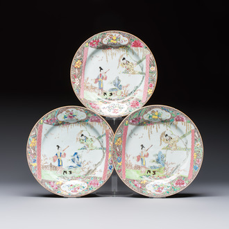 Three fine Chinese famille rose 'Xi Xiang Ji' plates, Yongzheng