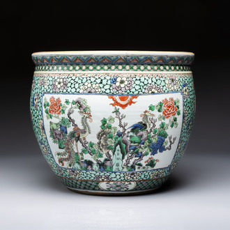 A Chinese famille verte 'Phoenixes and Mountainous Landscape' fish bowl or jardinière, 19th C.