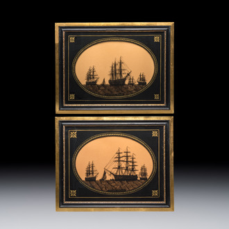 A pair of English reverse-glass silhouette paintings depicting ‘H.M.S. Royal Sovereign’ and ‘H.M.S. Victory and The Hogue’, 19th C.