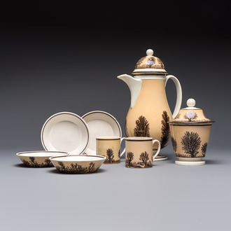 An 8-piece French Creil mochaware coffee service, marked, 19th C.