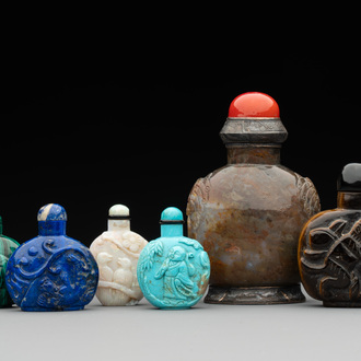 Six various Chinese carved hardstone snuff bottles, 19/20th C.