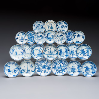 23 Chinese blue and white saucers with figural design, Yongzheng/Kangxi