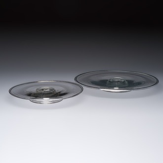 Two English low glass pedestal tazze, 17th C.