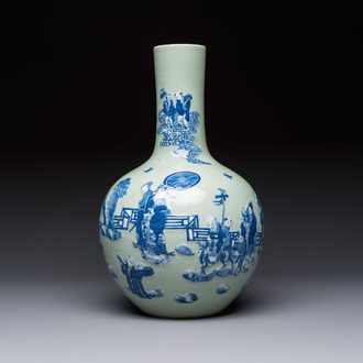 A Chinese blue and white celadon-ground 'Sanxing' bottle vase with relief design, 19th C.