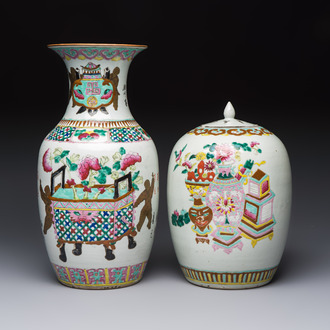 A Chinese famille rose 'Antiquities' vase and a covered jar, 19th C.