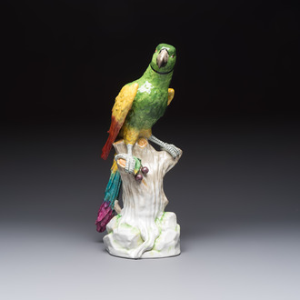 A German polychrome 'Parrot on Tree Stump' sculpture, SP Dresden mark, 20th C.
