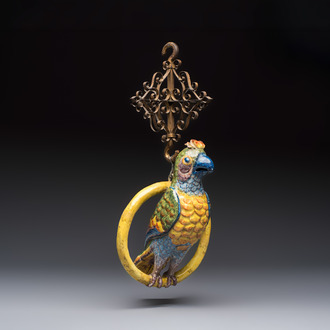 A polychrome Dutch Delft model of a parrot with gilt bronze hanging ornament, 18/19th C.