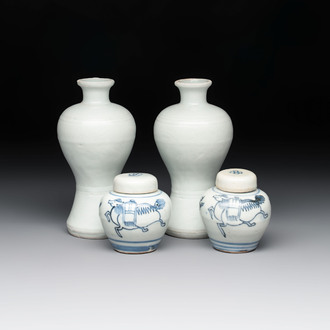 A pair of Chinese incised white-glazed 'Meiping' vases, Wanli mark and of the period, and a pair of blue and white covered jarlets, Ming