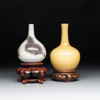 A Chinese copper-red and white 'Mythical Beasts' vase and a yellow-glazed bottle vase, on later wooden stands, Kangxi and later