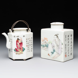 A Chinese famille rose 'Wu Shuang Pu' covered teapot and a qianjiang cai covered tea caddy, signed Lei Guangheng 雷光亨, 19th C.
