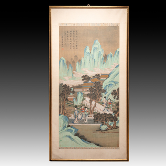 In the manner of Qiu Ying 仇英 (1494-1552): 'Mountainous Landscape', ink and colour on silk, 19/20th C.
