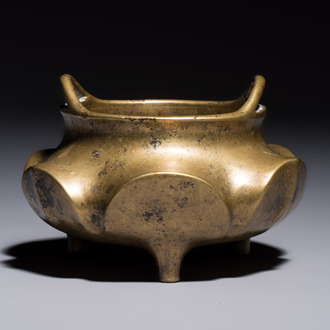A Chinese bronze flower-shaped tripod censer with handles, Xuande mark, 19th C.