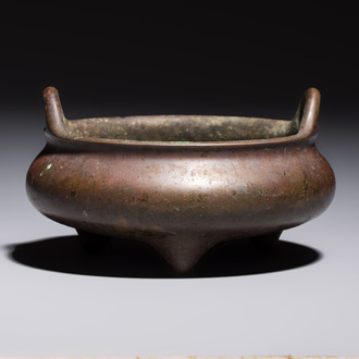 A Chinese bronze handled tripod censer, Yu Tang Jing Wan 玉堂精玩 mark, 17th C.