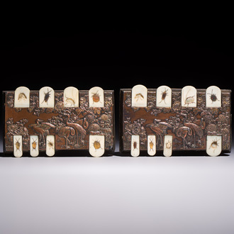 Two Japanese copper and shibayama whist markers, Meiji, 19/20th C.