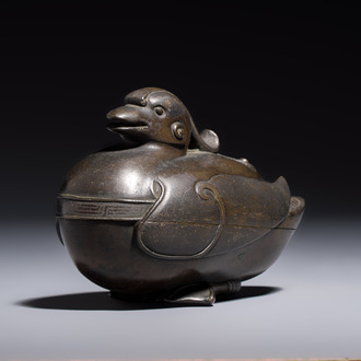 A Chinese silver-inlaid bronze 'Mandarin Duck' censer and cover, Ming
