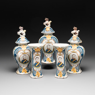 A polychrome Dutch Delft five-piece garniture with the portrait of William I of The Netherlands, early 19th C.