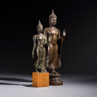 Two bronze Sukhothai-style walking Buddhas, Thailand, 20th C. or earlier