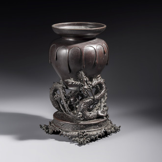 A Japanese bronze vase carried by a dragon, Meiji, 19th C.