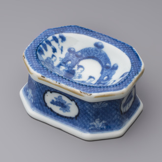 A Chinese blue and white 'Arbour' salt after Cornelis Pronk, Qianlong