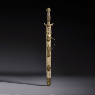 A rare set of Chinese double swords and scabbard, ‘Shuangjian’, Longquan mark, 19th C.