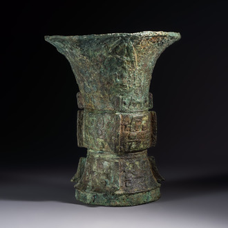 A Chinese archaic bronze ritual wine vessel with Taotie design, 'Zun 尊', Shang