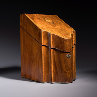 A George III mahogany knife box with marquetry inlay, later converted into a letter box, England, late 18th C.