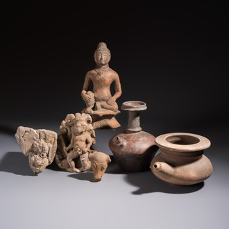 Five various pottery wares and a carved stone fragment, South Asia and Southeast Asia, 18th C. and earlier