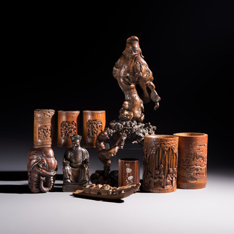 A group of 11 Chinese carved bamboo and wooden works, 19/20th C.