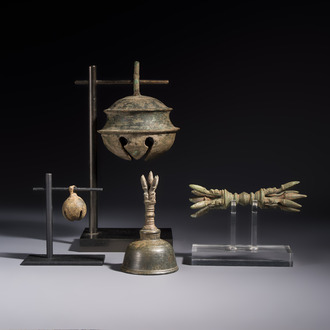 Two Cambodian bronze bells, a vajra bell and a vajra, 11/13th C.