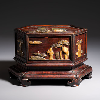 A Chinese soapstone-embellished hongmu 'Antiquities' box and cover, 19th C.