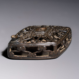 A Chinese openworked double-walled lozenge-shaped bronze water dropper, Ming