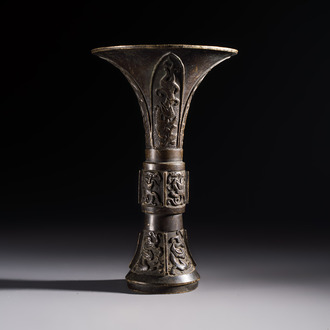 A Chinese archaistic bronze vase with Chilong design, 'Gu 觚', Ming