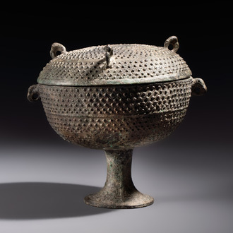 A Chinese archaic bronze food vessel and cover with 'Leiwen' and bosses design, 'Dou 豆', Eastern Zhou