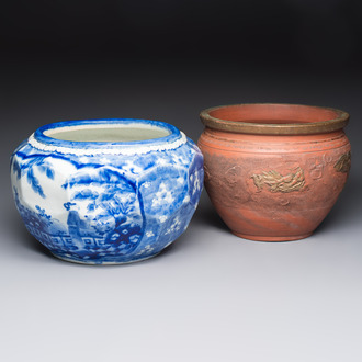 A Japanese blue and white jardinière and a Tokoname stoneware jardinière, 19/20th C.