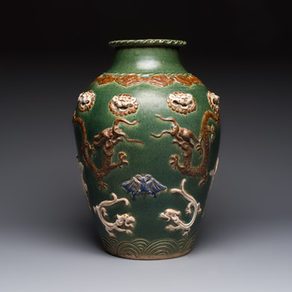 A Chinese sancai-glazed martaban with relief design, 19th C.