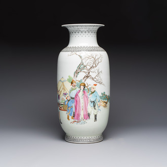 A Chinese famille rose vase with figural design, Qianlong mark, 20th C.