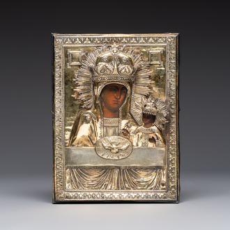 A fine Russian 'Mother of God' icon with silver riza, the silver marked Moscow, dated 1817