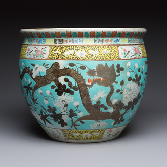 A Chinese famille rose turquoise-ground Dayazhai-style 'Dragons' fish bowl or jardinière, 19th C.