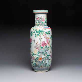 A Chinese famille rose 'Birds among Flowering Branches' rouleau vase, Qianlong mark, Republic