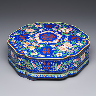 A fine Chinese Canton enamel blue-ground 'Double Happiness 囍' box and cover, Qianlong