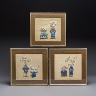 Chinese school: a set of three 'Floral Arrangements' paintings, ink and colour on silk, Republic