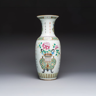 A Chinese famille rose 'Antiquities' vase, signed Zha Bing He Shi 查炳和氏, 19th C.